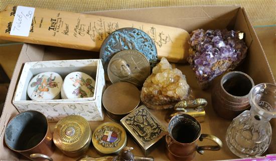 Victorian glass 1/4 gill  measure, copper measure, pair Chinese miniature pots & covers, miniature bat, 2 medals & 7 ornamental items